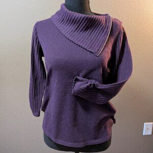 ADRIENNE VITTADINI Plum Asymmetrical Zip Cowl Sweater - Ruched Cuffs - Size S